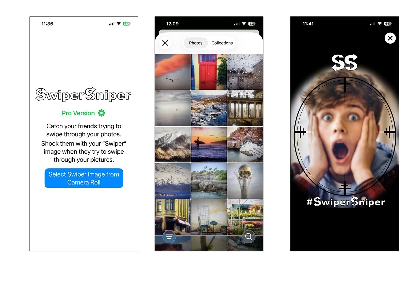 SwiperSniper app screenshots showing three mobile screens